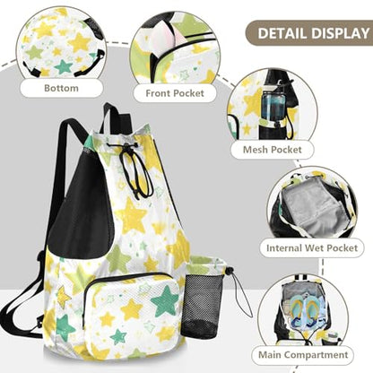 Drawstring Climbing Gym Bag With Inside Pockets Drawstring Bags For Men Women with Wet Dry Compartments Green and Yellow Stars