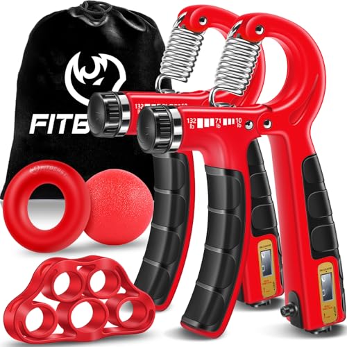 FitBeast Hand Grip Strengthener Workout Kit (5 Pack), 2 Forearm Grip Adjustable Resistance Hand Gripper, Finger Stretcher, Grip Ring & Stress Relief Grip Ball for Athletes - color: Crimson