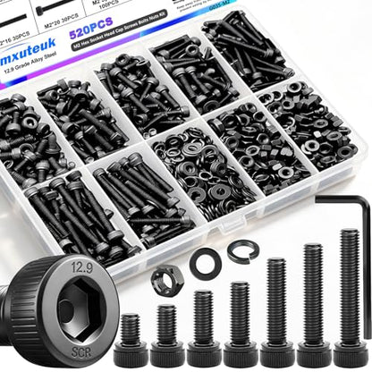 mxuteuk M2 Screws Assortment,M2 x 4/6/8/10/12/16/20mm Hex Socket Head Cap Screws Bolts Nuts Kit, 520PCS 12.9 Grade Alloy Steel Assorted Screws Small Metric Screws Suitable for 3D Printer DIY - size: 520PCS M2, style: Hex Socket Head