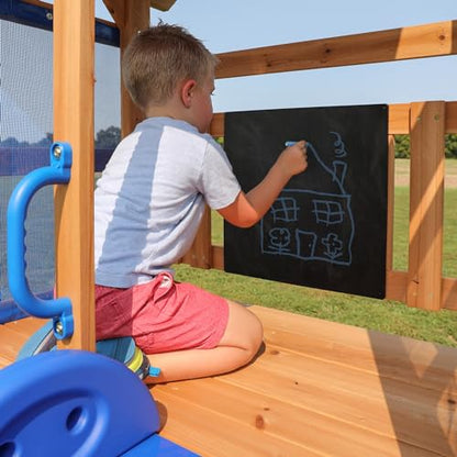 Backyard Discovery Bay Pointe Cedar Wood Swing Set with Wave Slide, Play Deck, Rock Wall Ladder, Belt Swings, Chalkboard, Canopy Roof, Outdoor Playset - color: Blue