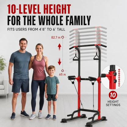 Power Tower Pull Up Bar Station, Adjustable Height Dip Stand | Adjustable Height, Pull-Ups & Dips, Space-Saving Design, Heavy-Duty Steel, Fits Users Under 6 FT - color: Red