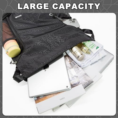 HOLYLUCK Drawstring Backpack Gym Bag with Shoe Compartment for Soccer,Basketball, String Swim Beach Bag for Men Women, Black - color: Black