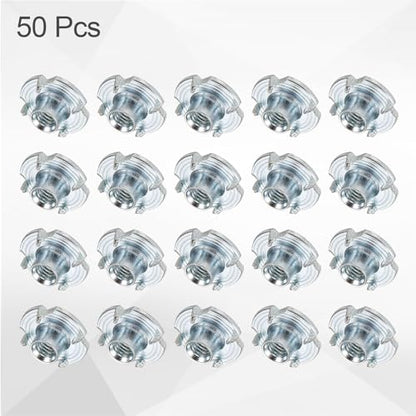 HARFINGTON M4x6mm T-Nuts 4 Pronged Tee Nut 0.57" x 0.24" Fully Thread Carbon Steel Inserts for Wood, Rock Climbing Holds, Cabinetry, Furniture 50pcs - size: M4x6mm