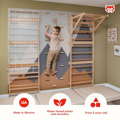 Wood And Hearts Modular Swedish Wall Gym Set for Kids Indoor Active Play – Wooden Swedish Ladder with Adjustable Pull-Up Bar, Rope Climbing Wall & Rock Climbing Panels (Base Set) - style: Base Set