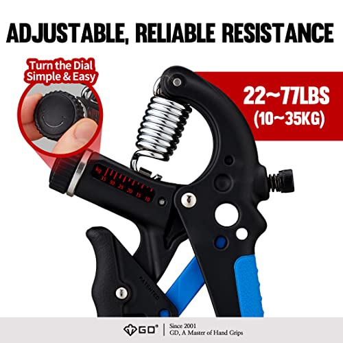 GD Grip2 Adjustable Grip Strength Trainer Hand Gripper Forearm Strengthener | Adjustable resistance 22~77lbs Squeezer, Hand grip strengthener, Gripper exerciser Devices, Stress Relief Grips Recovery - color: BLUE