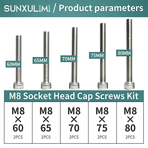 M8 x 60/65/70/75/80mm Screws and Nuts Hex Socket Head Screws M8 Bolts, 304 Stainless Steel, Bright Finish, Fully Threaded, Metric Allen Hex Drive, Assortment Kit 10PCS - size: M8×60/65/70/75/80mm