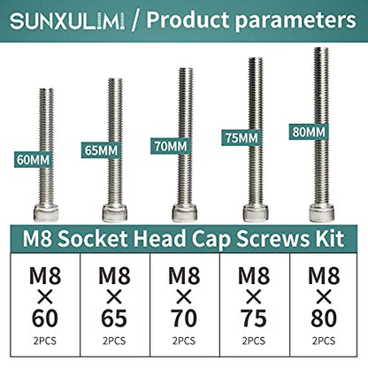 M8 x 60/65/70/75/80mm Screws and Nuts Hex Socket Head Screws M8 Bolts, 304 Stainless Steel, Bright Finish, Fully Threaded, Metric Allen Hex Drive, Assortment Kit 10PCS - size: M8×60/65/70/75/80mm