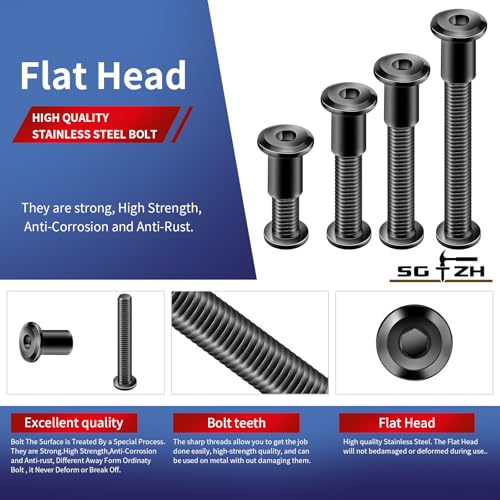 1/4-20 x 2-1/2" 20Pcs Flat Head Hex Socket Cap Screws Bolts Barrel Nuts Kit, 304 Stainless Steel 18-8, Full Thread, Black Oxide by SG TZH (with Hex Spanner) - color: Black, size: 1/4-20 x 2-1/2"
