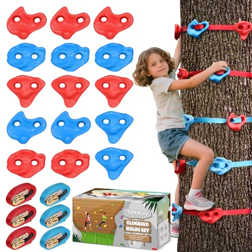 SEKKVY Tree Rock Climbing Kit for Kids - 15PCS Climbing Holds & 6 Ratchet Straps | No-Drill Tree Climbing Rocks | Outdoor Ninja Warrior Course | Birthday Gift for Boys Girls Ages 3+