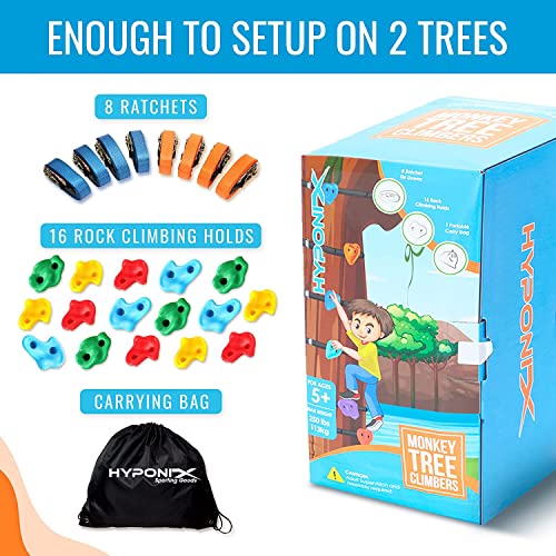 Hyponix Ninja Tree Climbing Kit – 16 Large Rock Holds & 8 Ratchets, 10-Minute Setup, Thicker Textured Grips, Supports 250lbs, CPC Certified Safety, Portable Bag – Backyard Fun & Ideal Gift for Kids - style: Black - Monkey Tree Climbers 2.0
