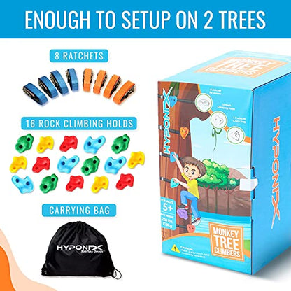 Hyponix Ninja Tree Climbing Kit – 16 Large Rock Holds & 8 Ratchets, 10-Minute Setup, Thicker Textured Grips, Supports 250lbs, CPC Certified Safety, Portable Bag – Backyard Fun & Ideal Gift for Kids - style: Black - Monkey Tree Climbers 2.0