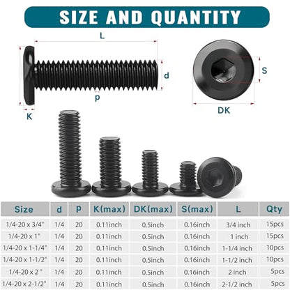 61Pcs 1/4-20 Flat Head Hex Socket Cap Screws Assortment Kit, 1/4-20 x 3/4” 1” 1-1/2” 1-1/4” 2-1/2” 2” Socket Cap Bolts,304 Stainless Steel, Full Thread, Black Oxide with Hex Spanner - size: 1/4-20