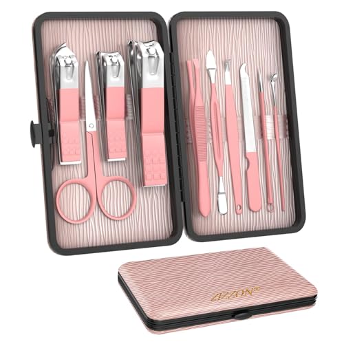 ZIZZON Travel Mini Manicure Set Nail Clipper Set 10 in 1 Stainless Steel Pedicure Care Grooming kit with Case Pink - color: Pink
