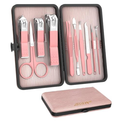 ZIZZON Travel Mini Manicure Set Nail Clipper Set 10 in 1 Stainless Steel Pedicure Care Grooming kit with Case Pink - color: Pink
