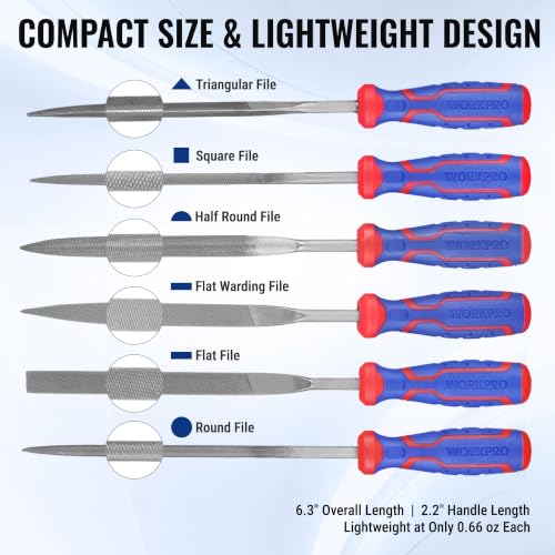 WORKPRO 6-Piece Needle File Set, Mini Precision Files for Metal, Wood & Plastic | Carbon Steel Files with Non-Slip Handles for Precise Filing of Metal, Wood, Plastic, Jewelry, Crafts, and DIY Projects - size: 6-Piece Needle File Set