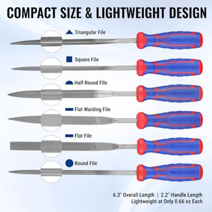 WORKPRO 6-Piece Needle File Set, Mini Precision Files for Metal, Wood & Plastic | Carbon Steel Files with Non-Slip Handles for Precise Filing of Metal, Wood, Plastic, Jewelry, Crafts, and DIY Projects - size: 6-Piece Needle File Set