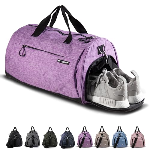 Fitgriff® Gym Bag for Men & Women with Shoe & Wet Compartment - Duffle Bag for Travel, Sports, Fitness & Workout - color: Purple, size: 19 x 10 x 10″ (Small)