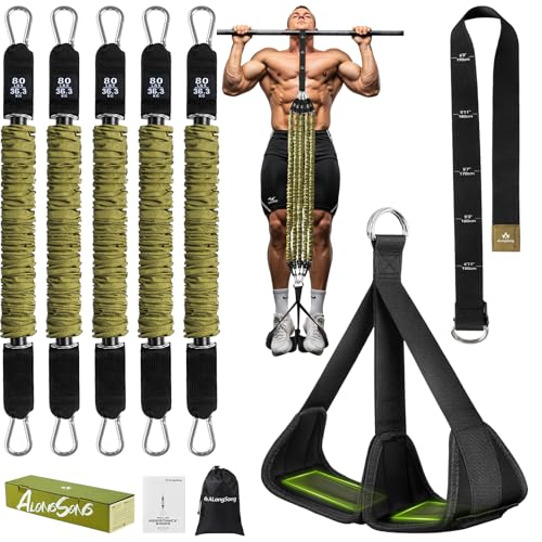 ALongSong Pull Up Assistance Bands with Foot Support Pedal - Upgraded Heavy Duty Resistance Bands Adjustable Weight/Height with 80Lbs Bands&Measured Strap for Strength Training Home Gym - color: Green, size: 5 Bands with 80lbs