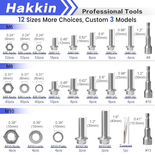 370PCS Metric Flange Bolt Assortment, M6x1.0, M8x1.25, M10x1.5 (12mm to 40mm) Hex Head Bolts and Nuts Assortment, Stainless Steel 304 Flange Bolts Nuts Washers Kit Hakkin, Hex Socket Included - size: Set 13: M6 M8 M10