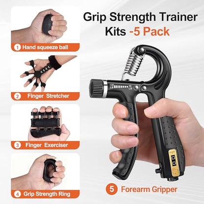 Grip Strength Trainer Kit (5 Pack) Adjustable Resistance Hand Gripper,Finger Exerciser,Hand Extension Exerciser,Stress Relief Ball and Forearm Workout Ring for Muscle Building Injury Recover - color: BLACK