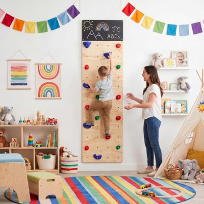 Rock Climbing Wall for Kids, 82.5 x 23.6 Inch Indoor Gym Playground Play Set with Drawing Blackboard, Wooden Climber & 18 Holds, Rock Wall for Home Gym Kids Ages 3+ Years, Easy Assembly