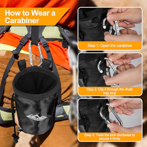 supregear Chalk Bag for Rock Climbing, Large Zipper Pocket with Brush Holder, Drawstring Closure, and Carabiner Clip, Ideal for Bouldering, Weightlifting, Gym - color: Black