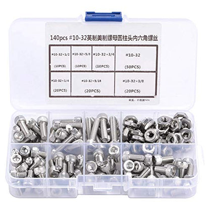 Garosa 140pcs Stainless Steel Hex Socket Head Bolts #10-32 Hex Screw Assortment Kit 6 Different Sizes with Storage Case