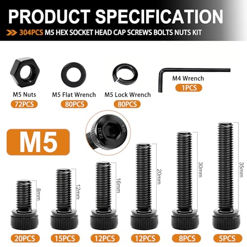 mankk 304PCS M5 Screws Kit M5 x 8/12/16/20/30/35mm Hex Socket Head Cap Bolts Nuts & Washers Assortment Kit 12.9 Grade Alloy Steel Machine Screws - size: M5, style: Hex Socket Cap