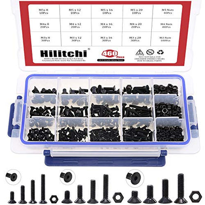 Hilitchi 460-Pcs M3 M4 M5 Hex Socket Flat Head Countersunk Bolts Screw Nut Assortment Kit - 10.9 Grade Alloy Steel - color: Flat Head Hex Socket