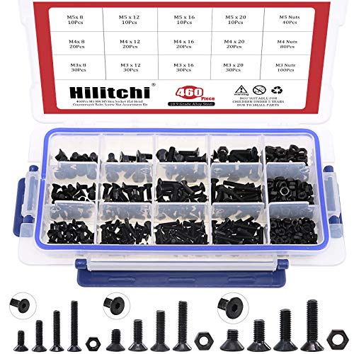 Hilitchi 460-Pcs M3 M4 M5 Hex Socket Flat Head Countersunk Bolts Screw Nut Assortment Kit - 10.9 Grade Alloy Steel - color: Flat Head Hex Socket