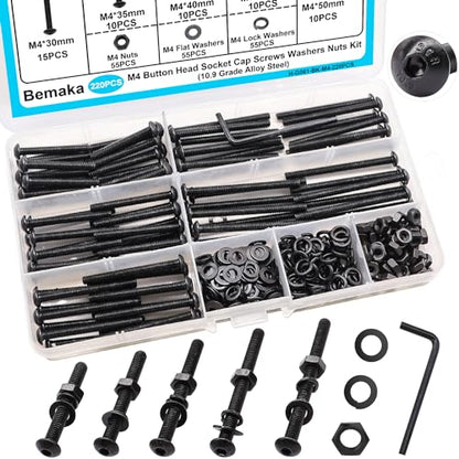 220PCS Black M4 Button Head Hex Socket Cap Screws, M4 x 30/35/40/45/50mm Metric Screws Bolts Nuts Washers Assortment Kit, 10.9 Grade Alloy Steel - size: M4 x 30/35/40/45/50mm, style: Button Head