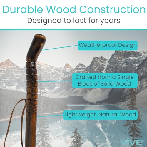 Vive Wooden Walking Stick for Hiking - Balance & Hiking Staff - Wood Walking Stick for Men, Women, Seniors - Strong, Non-Slip Wood Cane for Stability - Handcrafted, Waterproof, Leather Wrist Strap - style: 48 Inches