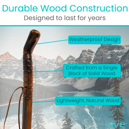Vive Wooden Walking Stick for Hiking - Balance & Hiking Staff - Wood Walking Stick for Men, Women, Seniors - Strong, Non-Slip Wood Cane for Stability - Handcrafted, Waterproof, Leather Wrist Strap - style: 48 Inches