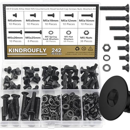 242 Pieces Black M5 x 6/8 /10/12 /16/20 /25mm Countersunk Head Socket Cap Screws Nuts Washers Assortment Kit, 10.9 Grade Alloy Steel - size: M5, style: Countersunk Head