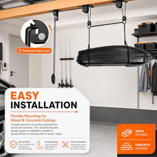 TRUSOON Cargo Box Hoist, Garage Pulley Lift System,150 lbs | For cargo box and kayak, 10-18 ft garage ceiling, 3-point stability, anti-scratch ring, heavy-duty steel