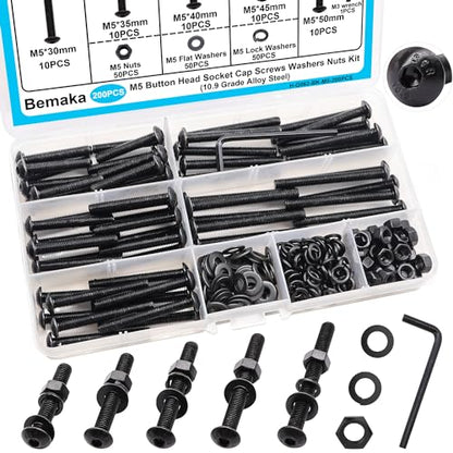 200PCS Black M5 Button Head Hex Socket Cap Screws, M5 x 30/35/40/45/50mm Metric Screws Bolts Nuts Washers Assortment Kit, 10.9 Grade Alloy Steel - size: M5 x 30/35/40/45/50mm, style: Button Head