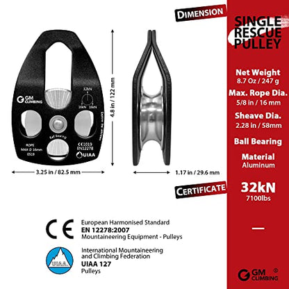 GM CLIMBING Large Rescue Pulley 32kN Single Sheave with Swing Plate CE UIAA Certified - color: Black | 2 Pack