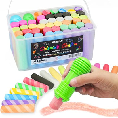 VEESA Sidewalk Chalk for Kids, Bucket Pack (46 Count + 2 Chalk Holders) | Jumbo Washable Non-Toxic for Driveway Outdoor Activities - size: 1 Count (Pack of 48)