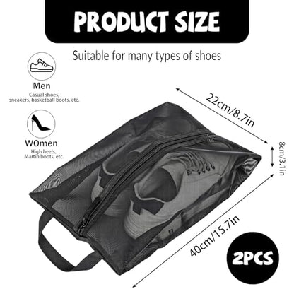 2 Pack Shoe Bags for Travel, Sneaker Bags Packing with Sturdy Zipper Transparent Design Protable Shoes Organizer Bag for Gym Golf Shoe Dust Bag Man and Women Black