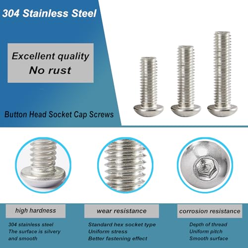 M6 x 30mm 35mm 40mm 45mm 50mm Button Head Socket Cap Screws Bolts, Stainless Steel 304, Metric Allen Hex Drive, Bright Finish, Fully Threaded, Assortment Kit 50PCS - size: Button M6x30-50 mm