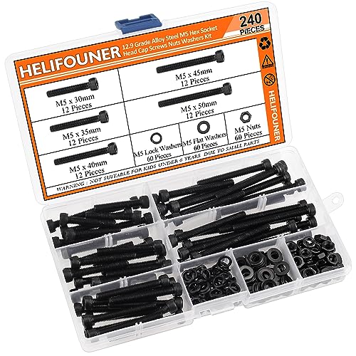 HELIFOUNER 240 Pieces M5 x 30mm /35mm /40mm /45mm /50mm, Hex Socket Head Cap Metric Screws Bolts Washers Nuts Kit, 12.9 Grade Alloy Steel, Fully Threaded, Black - size: M5 x 30/35/40/45/50mm, style: Socket Head