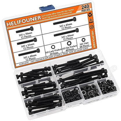 HELIFOUNER 240 Pieces M5 x 30mm /35mm /40mm /45mm /50mm, Hex Socket Head Cap Metric Screws Bolts Washers Nuts Kit, 12.9 Grade Alloy Steel, Fully Threaded, Black - size: M5 x 30/35/40/45/50mm, style: Socket Head