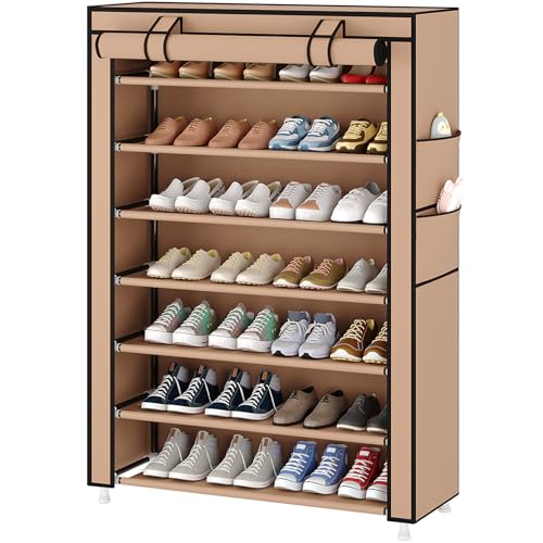 Laiensia 7-Tier Vertical Shoe Rack Organizer, Space Saving Shoe Storage Organizer, Non-Woven Cover Shoe Shelf Holds 28-35 Pairs for Bedroom, Hallway, Closet Entryway, Brown - color: Brown, size: 7-tier