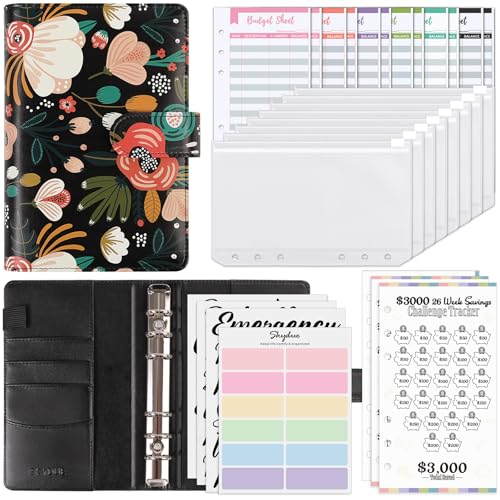 SKYDUE Budget Binder with 8Pcs Cash Envelopes, 12Pcs Expense Budget Sheets, 2Pcs Challenge Trackers, and Category Labels - Budget Binder & Challenges Book Combo for Saving Money - color: Dusky Flowers