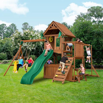 Swing-N-Slide Caribou Valley Wooden Swing Set with Wood Roof, Wave Slide, Monkey Bars, Climbing Wall, Ladder, Picnic Table, and Swings, Green Slide - size: Caribou Valley