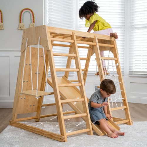 Avenlur Magnolia 7-in-1 Indoor Jungle Gym for Kids, Medium, Natural | Wooden Montessori play gym, indoor playground ages 2-6, 51.6x43x47.2 in, FSC pine, slide, swing, monkey bars, rock wall - color: Natural, size: Medium (51.6" x 43" x 47.2")