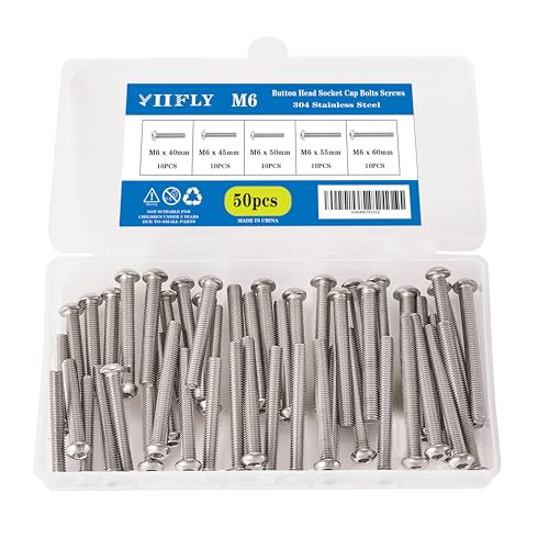 M6-1.0 Button Head Socket Cap Bolts Screws - 40/45/50/55/60mm Length Kit, 304 Stainless Steel(A2-70), Allen Drive, Bright Finish, Fully Threaded, 50-Piece Set - size: 304-Button-M6-40-60mm