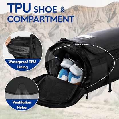 Haimont Heavy Duty Convertible Travel Duffel Backpack, Black, 90L | Shoe Compartment, Water-Resistant Tarpaulin, Wide U-Shaped Opening - color: Black, size: 90L