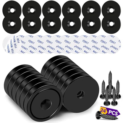 Strong Rare Earth Neodymium Magnets with Screws, 80Lbs, 12 Pack | Heavy Duty Disc Cup Magnets with Countersunk Hole and Adhesive Backing for Kitchen, Tool Room, and Wall Hanging - size: 0.98 inch