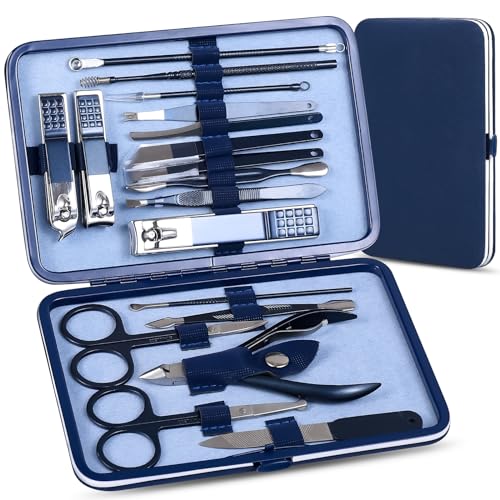 Manicure Set Pedicure Kit Nail Clippers Set Fingernail Clipper Set Ingrown Toenail Nail Kit Scissor Nail Trimmer Kit 18 Pieces Women and Men’s Care Grooming Tools with Fine Case (Dark Blue_18 Pieces) - color: Dark Blue_18 Pieces